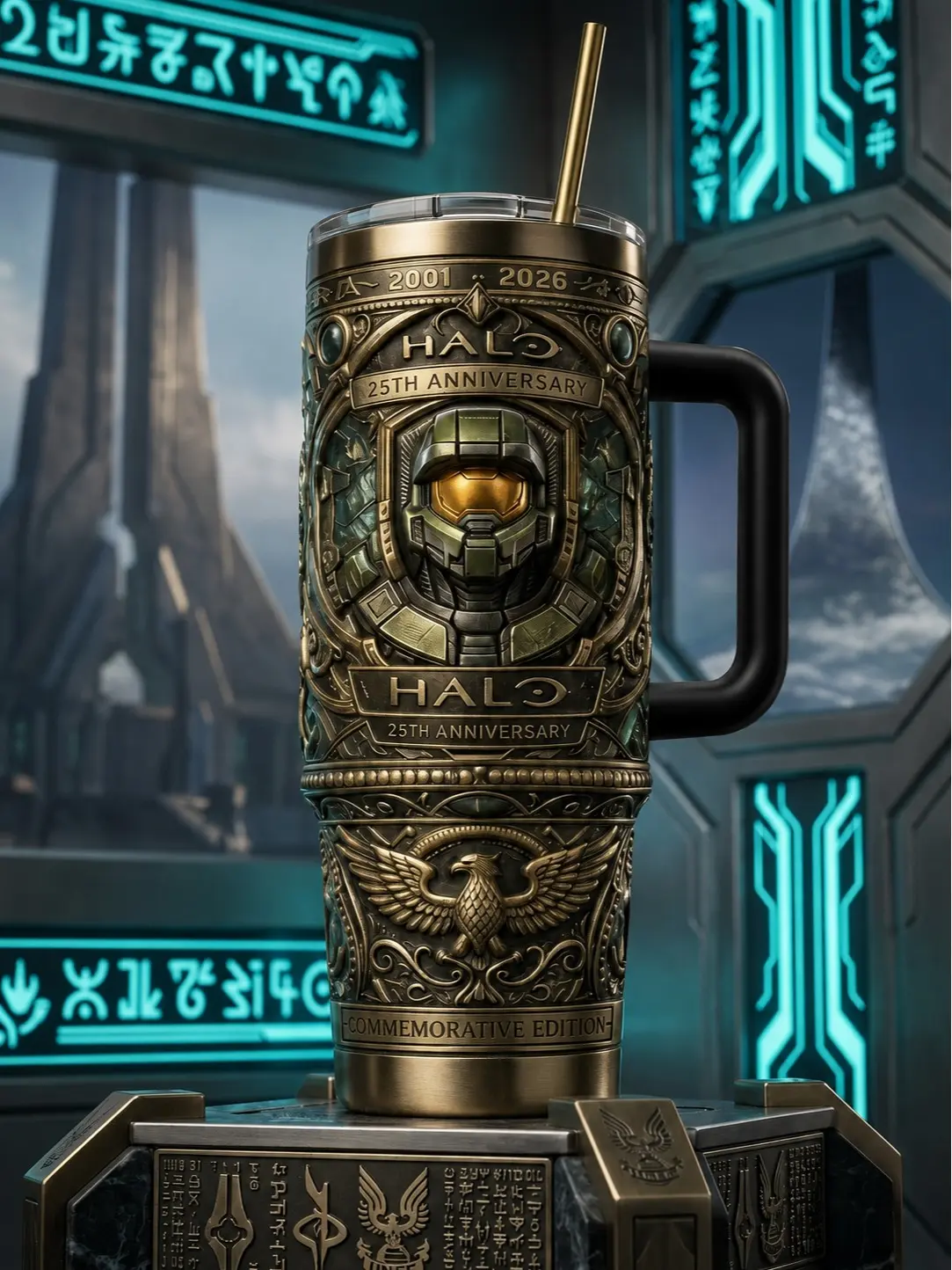 Limited Edition Halo 25th Anniversary Travel Mug, Vintage 2001-2026 Master Chief John-117 Stainless Steel Tumbler with Handle and Straw, Insulated UNSC Sci-Fi Car Cup, Retro Gaming Merch Collectors Birthday Holiday Gift for Him Men