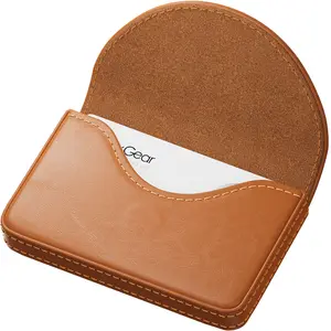 MaxGear PU Leather Business Card Holder Case - Portable Magnet Slim Office Desk Organizer, Light Coffee Travel Carrier for Men as Gift