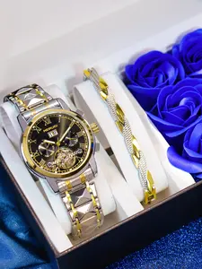 Men's Business Fashion Watch & Bracelet Set, Fashion Watch Set for Party, Daily Clothing Decor, Trendy All-match & Exquisite Watch Set for Birthday Gift, Stainless Steel Wristwatch