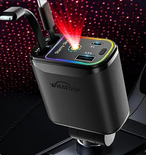 4 in 1 Retractable Car Charger IOS+TYPE C with Starlight In Car Roof, Fast Charging Adapter & Dual Charge Port for iPhone iPad AirPods