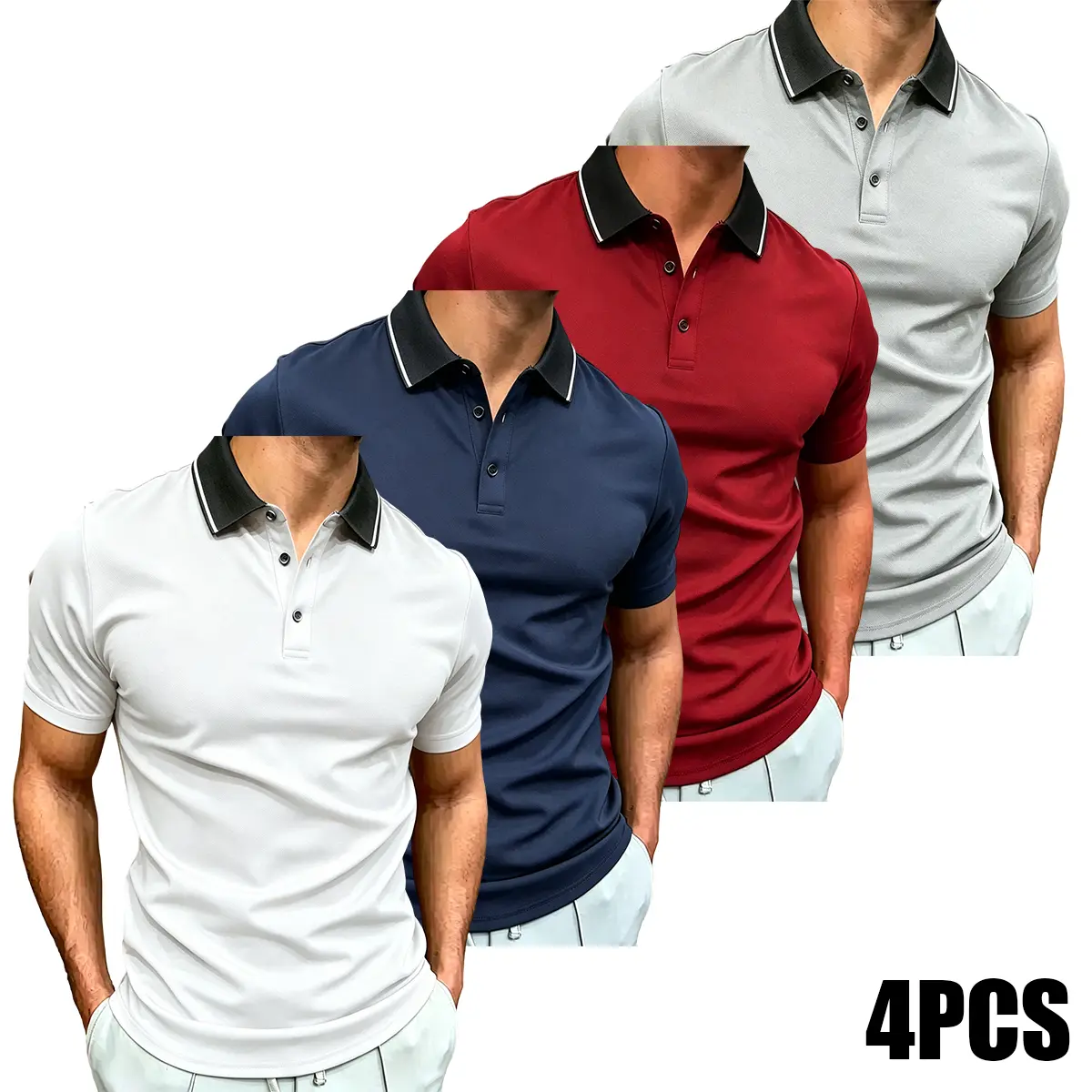 Set of 4 new summer men’s short-sleeve shirts, available in multiple colors, classic solid-color design, versatile and stylish; men’s golf shirt, polo shirt with polo collar; ideal for spring/autumn; sports casual shirt; suitable for weekend outings and b