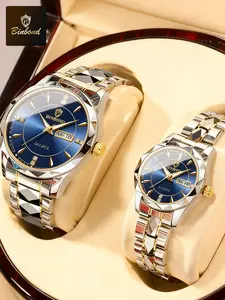 BINBOND 2pcs/Set Couple Watches, Fashionable Waterproof Watch, Valentine Day Gift Stainless Steel Watch Men Women Quartz Watch, Daily Clothing Decor, Casual Wristwatch, with Box