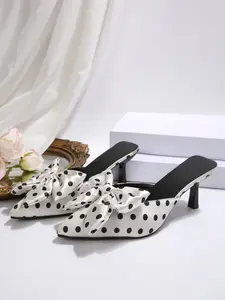 Summer New Polka Dot Bow Leopard Print Pointed Toe High Heel Mules, Women's Outdoor Half Sandals, Fashionable PU Leather Rubber Sole Footwear