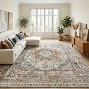 Vintage Persian Area Rug 8x10 5x8 4x6 ft. Super Soft Velvet Washable Carpet with TPR Non-Slip Backing. Distressed Medallion Indoor Floor Mat for Living Room Bedroom Dining. Pet Friendly Easy Clean Cozy Room Decor Suitable for Any Scene in Your Home.