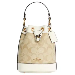 Coach Dempsey 15 Classic Monogram Coated Canvas and Leather Bucket Bag for Women, Crossbody and Top Handle, Mini Style, Light Khaki