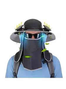 2 In 1 Solar Fan Hat UPF50+ Sun Hat With Fans Wide Brim Fishing Hat with Face Cover Neck Flap Solar USB Charging for Hiking Gardening Outdoor Work