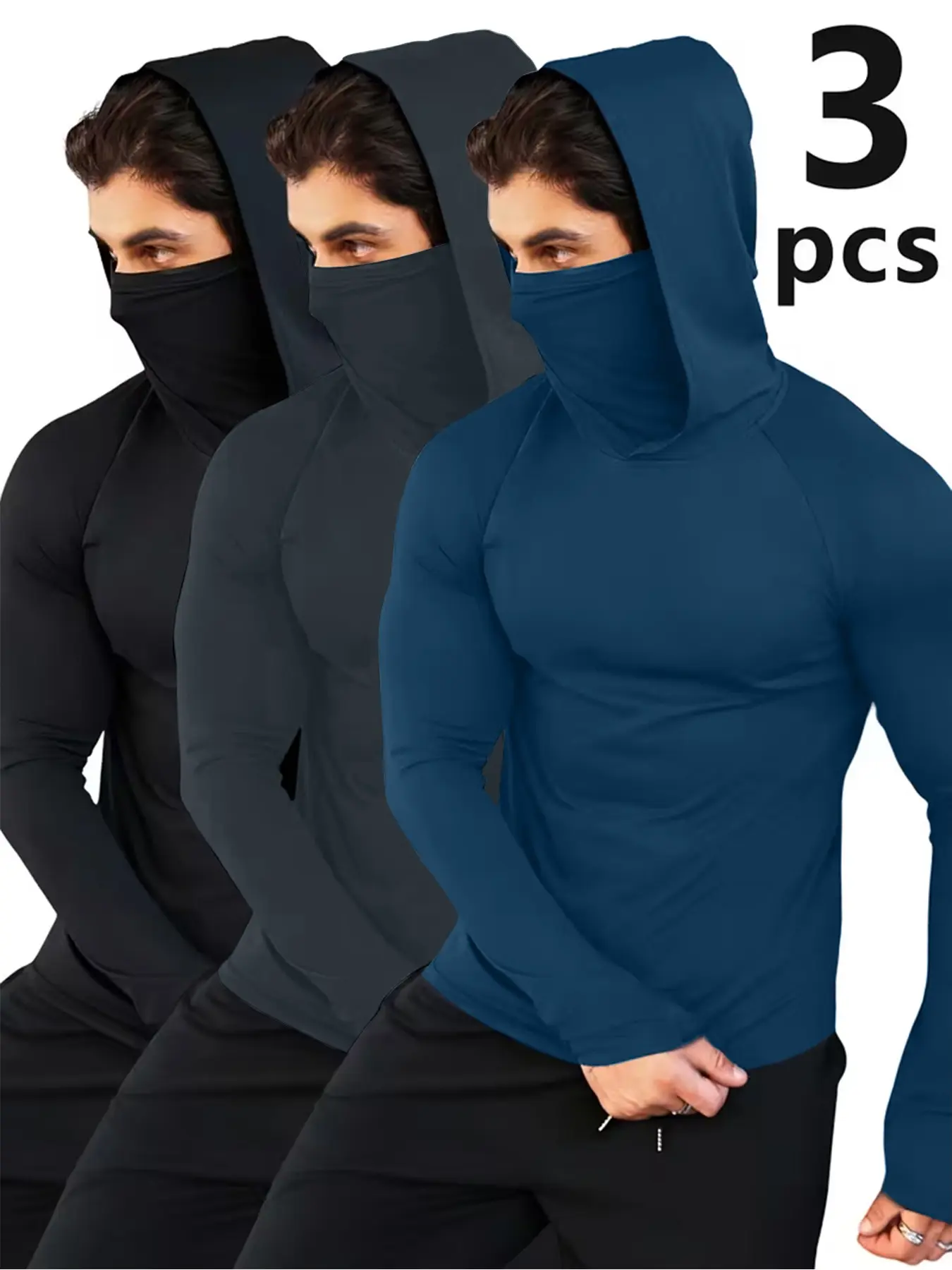 3 Pack Men's Compression Hooded Balaclava Long Sleeve Shirt, Gym Clothes Workout, Activewear, Compression Baselayer, Quick Dry Sun Protection Hoodie with Thumb Holes, Breathable Base Layer for Workout, Cycling, Fishing