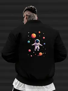 Men's one-piece fleece baseball jacket, autumn and winter campus fashion all-match space astronaut print baseball jacket
