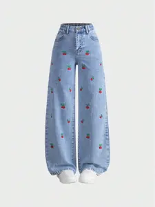 Women's Hand Embroidered Cherry Casual Straight Leg Wide Pants, Elegant Woven Denim Jeans, All Seasons