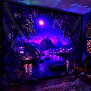 1pc UV-reactive fantasy tapestry. Glowing ships & pyramids night scene. Wrinkle-resistant polyester, no electricity. Perfect for bedroom, living room, or party decor. Indoor use.