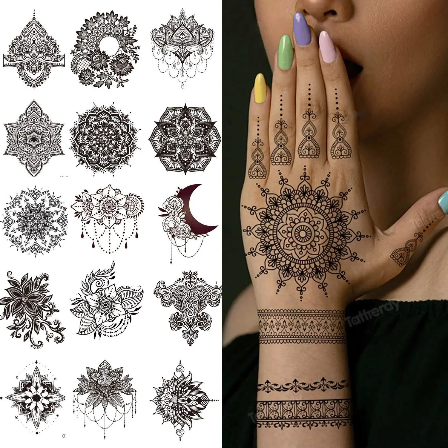 Tattoos -20 Sheets Flower Temporary Tattoos Henna Flower Lace Design Waterproof Tattoo stickers for Women Wedding Party Festivals Parties Decoration Suppliers
