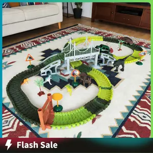 Dinosaur Jurassic Race Track Train Glow In The Dark Playset Toys for Kids 215 PCS Set with Track Pieces Stickers and Vehicles Perfect Gifts action figures