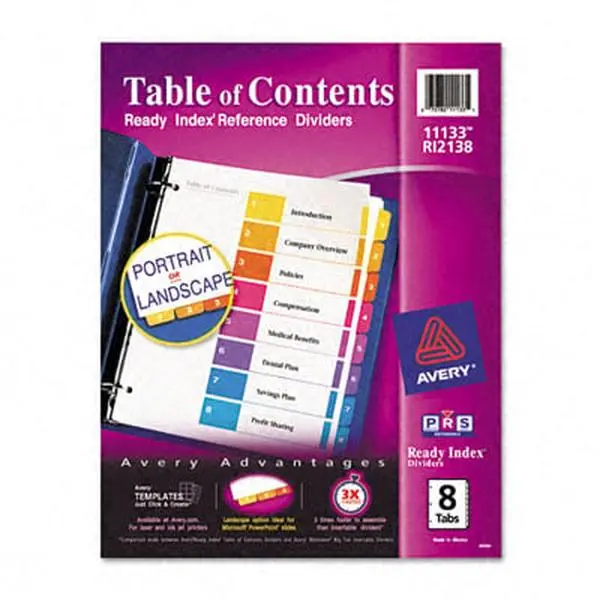 Avery 11133 Ready Index Contemporary Paper Table of Contents Divider, 1-8 Multi-Letter, 3-Ring Binder Compatible, 3-Hole Punched, Landscape-Portrait Orientation, Strong Tabs for Efficient Indexing, Last Longer