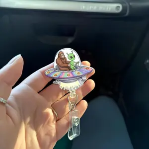 Funny Bigfoot Alien Spaceship Badge Reel – Retractable Nurse ID Holder, Quirky UFO & Sasquatch Badge for Medical Workers & Office Staff