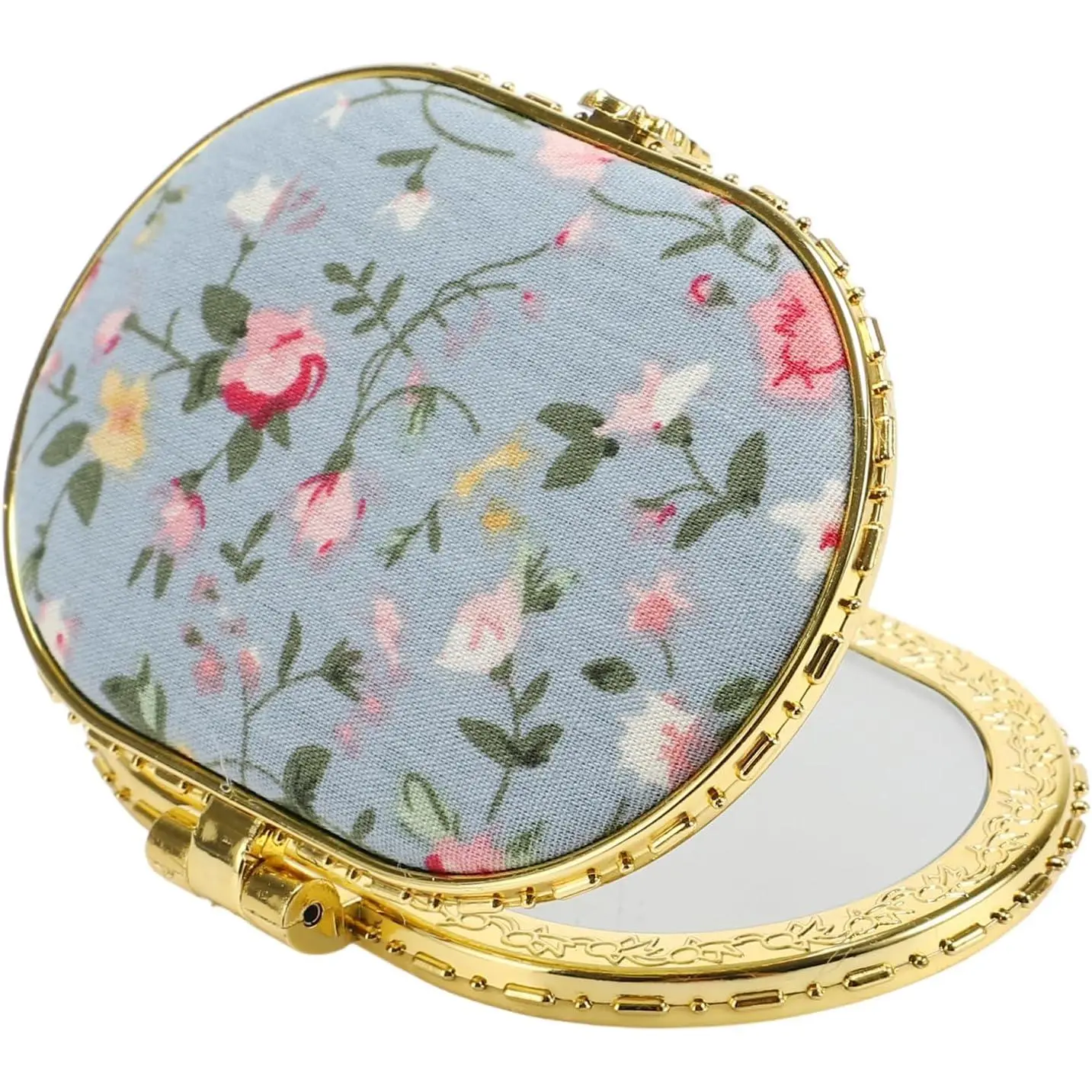 Compact Flower Pocket Mirror - Oval Mini, Vintage Folding Travel Portable Pocket Mirror for Women, Blue