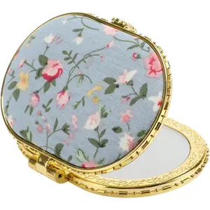 Compact Flower Pocket Mirror - Oval Mini, Vintage Folding Travel Portable Pocket Mirror for Women, Blue