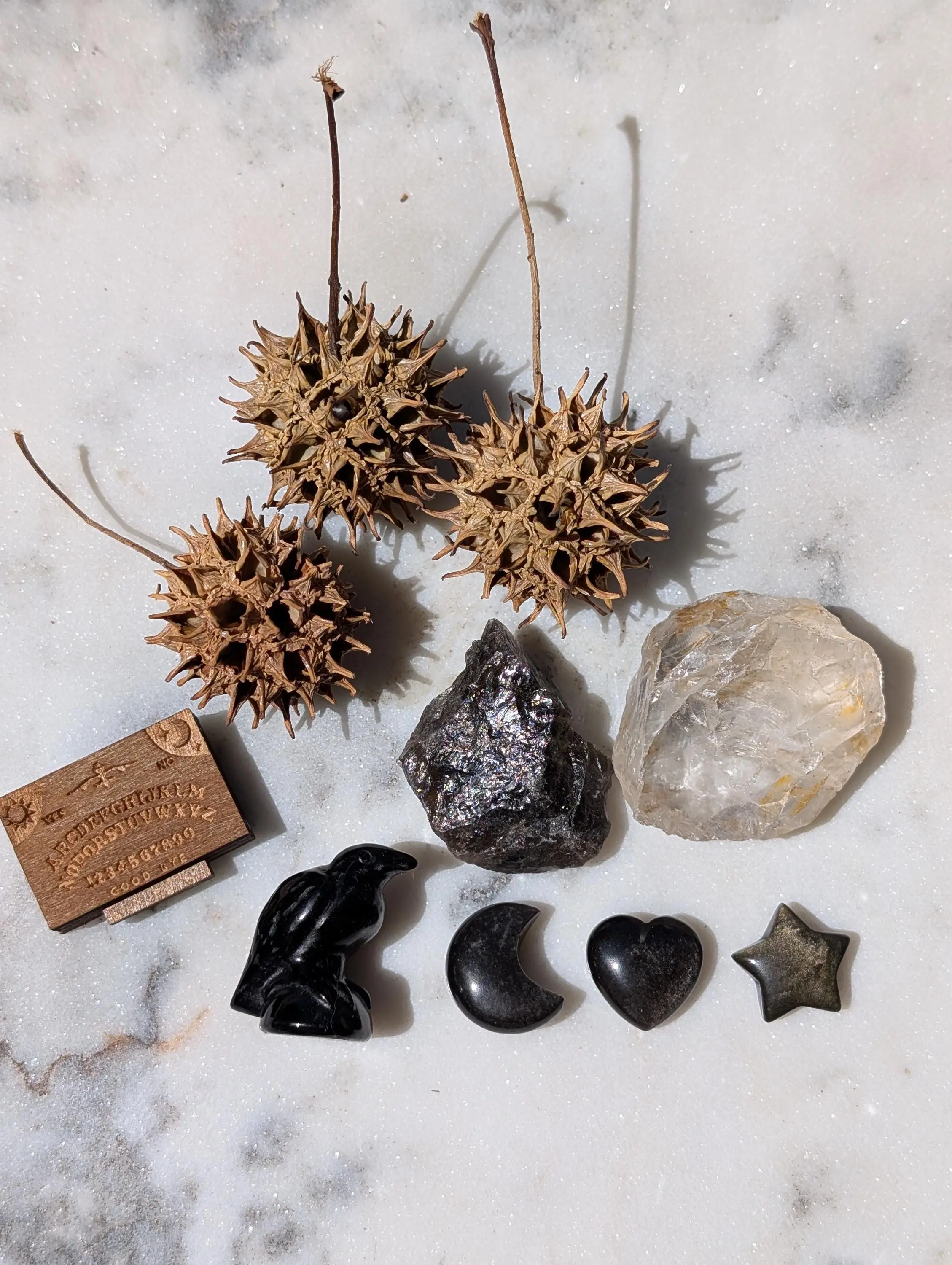 Witchy Mini Crystal Set: Obsidian Carvings, Spirit Board & Witches Burrs