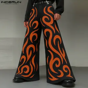 INCERUN Men's High-Waist Wide-Leg Pants - Flame Print, Loose-Fitting, Aesthetic, Bright, Comfy, Contemporary, Flexible, All-Seasons Casual Bottoms for Daily Wear, Street Trend Style, Aesthetic Men's Pants, Bright Men's Pants