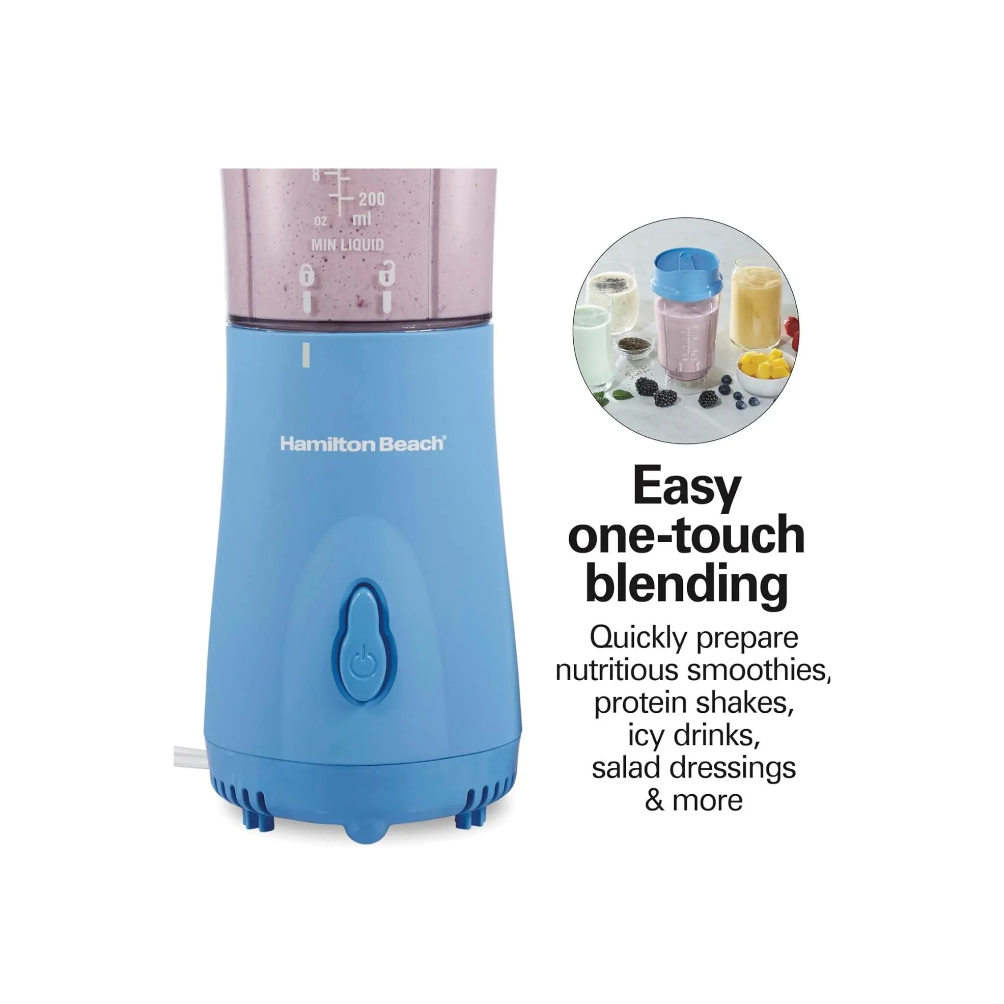 Hamilton Beach Portable Blender for Shakes and Smoothies, 14 Oz BPA Free Travel Cup & Lid, Durable Stainless Steel Blades, Personal Smoothie Blender, Tranquil Blue (51172)
