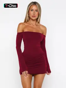 Women Spring Autumn Sexy Long Sleeve Slash Neck Party Club Bodycon Mini Dress Womenswear