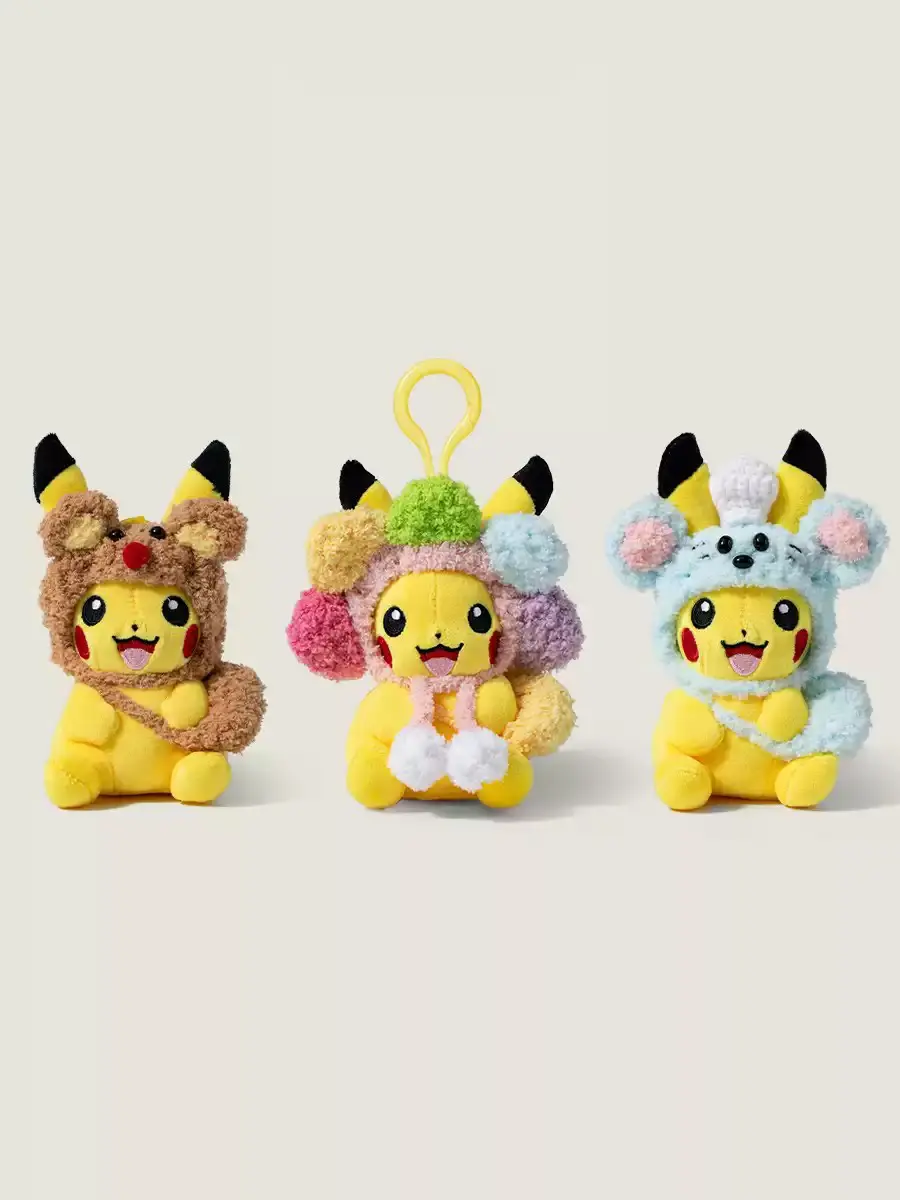 Cute Cartoon Hat Pikachu Plush Keychain With Plastic Carabiner Multiple Styles Bear, Mouse, Pom Pom Flower, Penguin, Frog, Elephant, Carrot Soft Bag Pendant Anime Fan Gift
