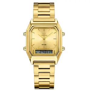 CAINUOS 8002 Vintage Square Watch for Men Women, 37mm Dual Display Gold Quartz Watch, 3ATM Waterproof Stainless Steel Band Date Display Quiet Luxury Business Casual Wrist Watch