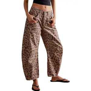 Women's Leopard Print Mid Rise Wide Leg Jeans Y2K Vintage Baggy Boyfriend Pants Stretchy Micro Elastic Denim with Zip Button Closure Loose Comfy Barrel Trousers with Pockets for Casual Daily Wear