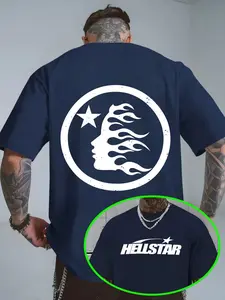 Hell Star Pattern Street Style Streetwear Loose Fit Round Neck Short Sleeve T-Shirt, Unisex Casual Top, Sporty Commuter Wear, Casual Loose Basic, Men and Women
