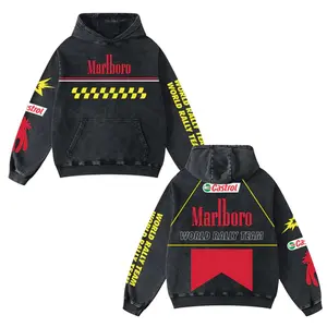 Retro Malboro World Rally Team Racing Washed Hoodie MotoGP World Champion Enthusiast Apparel Streetwear Akrapovic Shoei Helmet Racing Team Super Motorsports Clothing Riders Motocross Off-Road Dirt Bike Fan Gear Cotton For Moto Fan Oversized Menswear