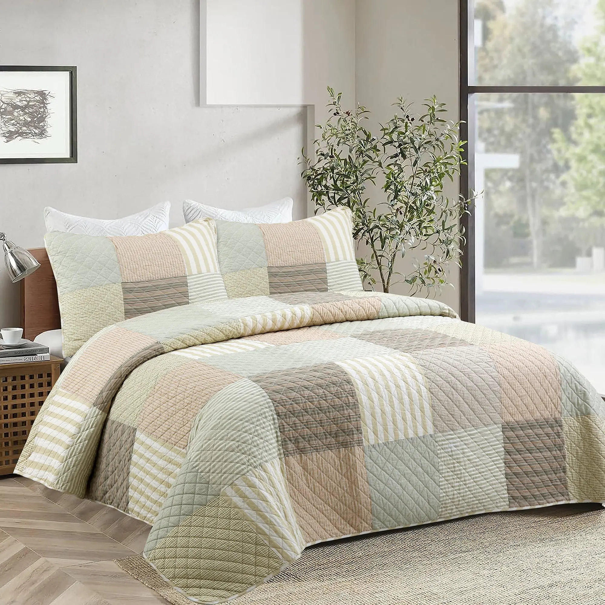 3-Piece Earth Tone Brown Tan Beige Stripe Checkerboard Real Patchwork Cotton Reversible Quilt Bedroom Bedding Set, Patchwork Quilt Sets, Three Pieces