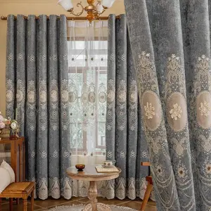1pc Luxury European Style Chenille Floral Curtains Black Out, Light Blocking Embroidered Drapes for Living Room & Bedroom, High-End Home Decor