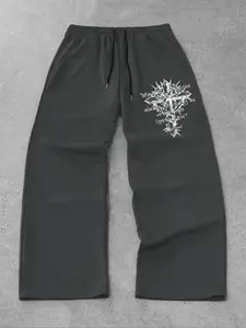 Gothic Cross Graphic Baggy Sweatpants – Vintage Black Acid Wash Oversized Trousers, Casual Street Pants, Heavyweight High Streetwear for Opium Aesthetic & Underground Club Style