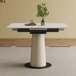 Expandable Square Folding Table, Premium Rock Slab Surface, Sturdy Leather Wrapped Stainless Steel Base, Multi-use Space Saving Dining Table for Compact Living Spaces