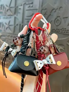 French Retro Pu Leather Keychain, Bag Charms, Trendy Bag Charms - Mini Bag With Vintage Iron Tower Pendant, Leopard Print Bead And Bow Decoration, Heart Pattern, Suitable For Various Bag Types Such As Tote Bags, Bag Hanging Decoration