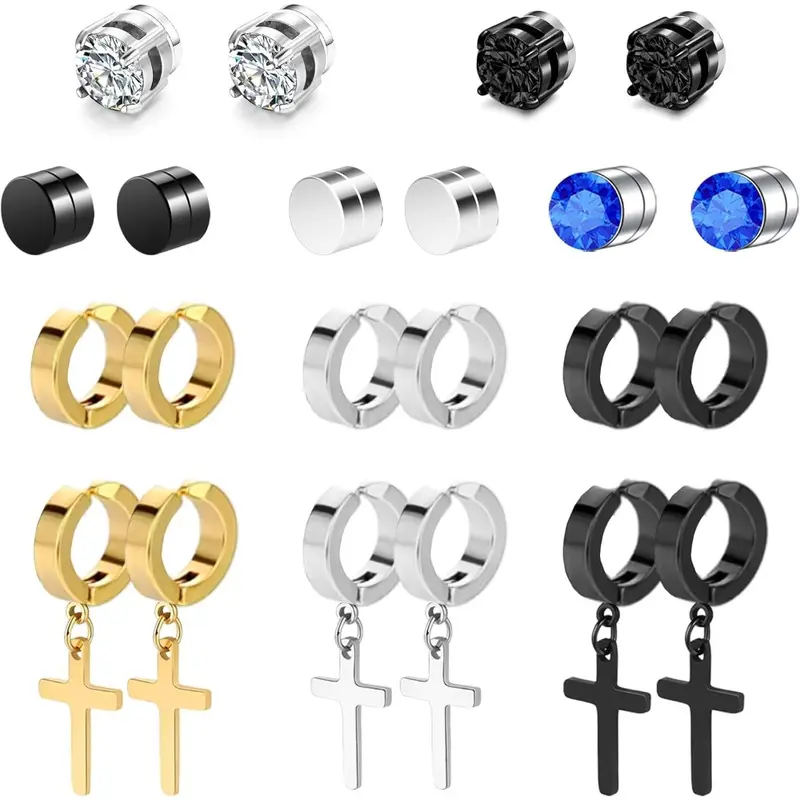 Magnetic Earrings - 11 Pairs Clip On, Non-Pierced, Fake Earrings - Black Cross Hoop Dangle for Men & Women