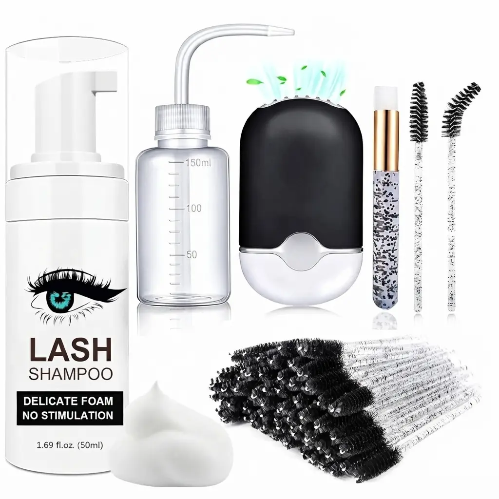 50ml Lash Shampoo Cleaning Kit with Fan for Eyelash Extensions, Gentle Lash Cleanser & Foaming Brush Set for Eyelash Extension Aftercare, Black