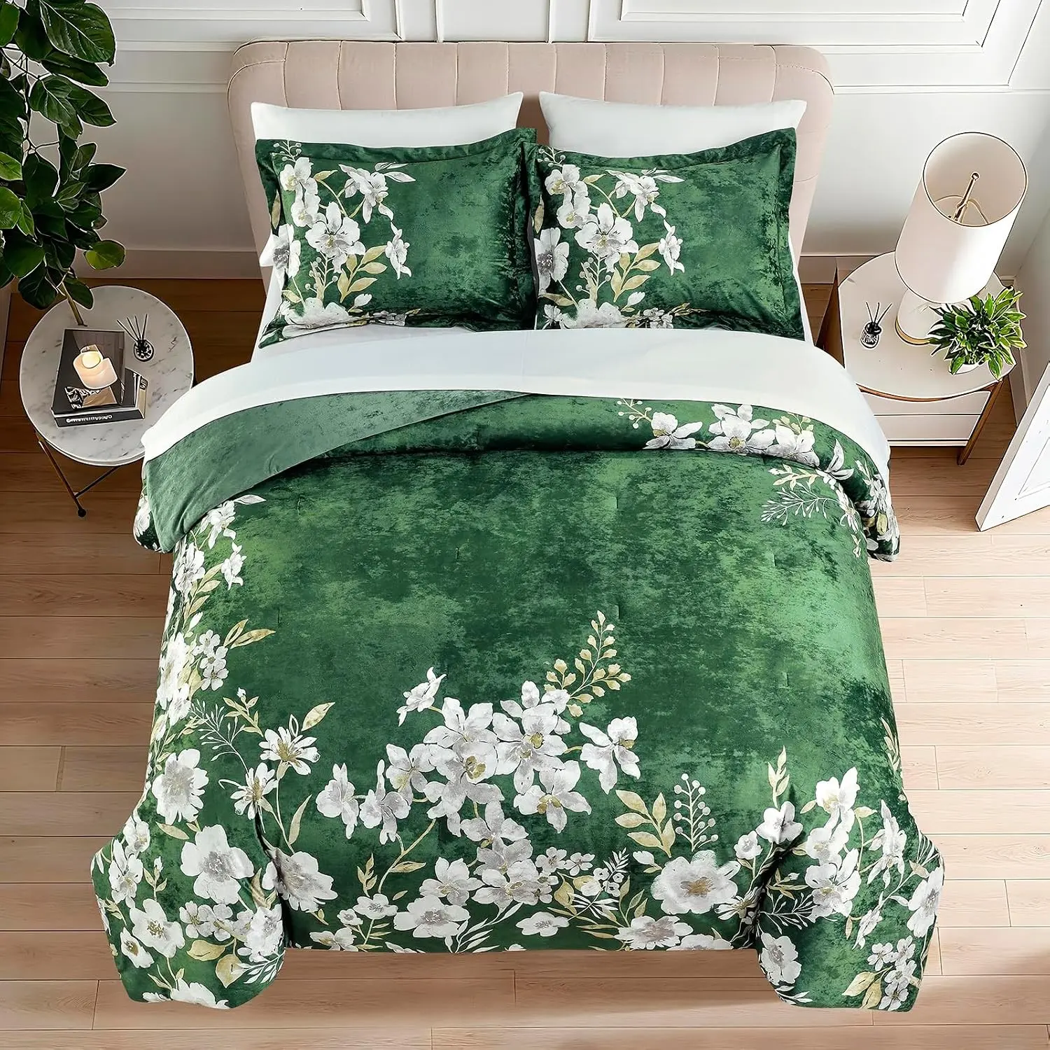 Reversible Comforter Set, Printed Distressed Velvet Front and Sold Distressed Velvet Reverse, 3 Pieces Dark Green King, with Soft Polyester Fill
