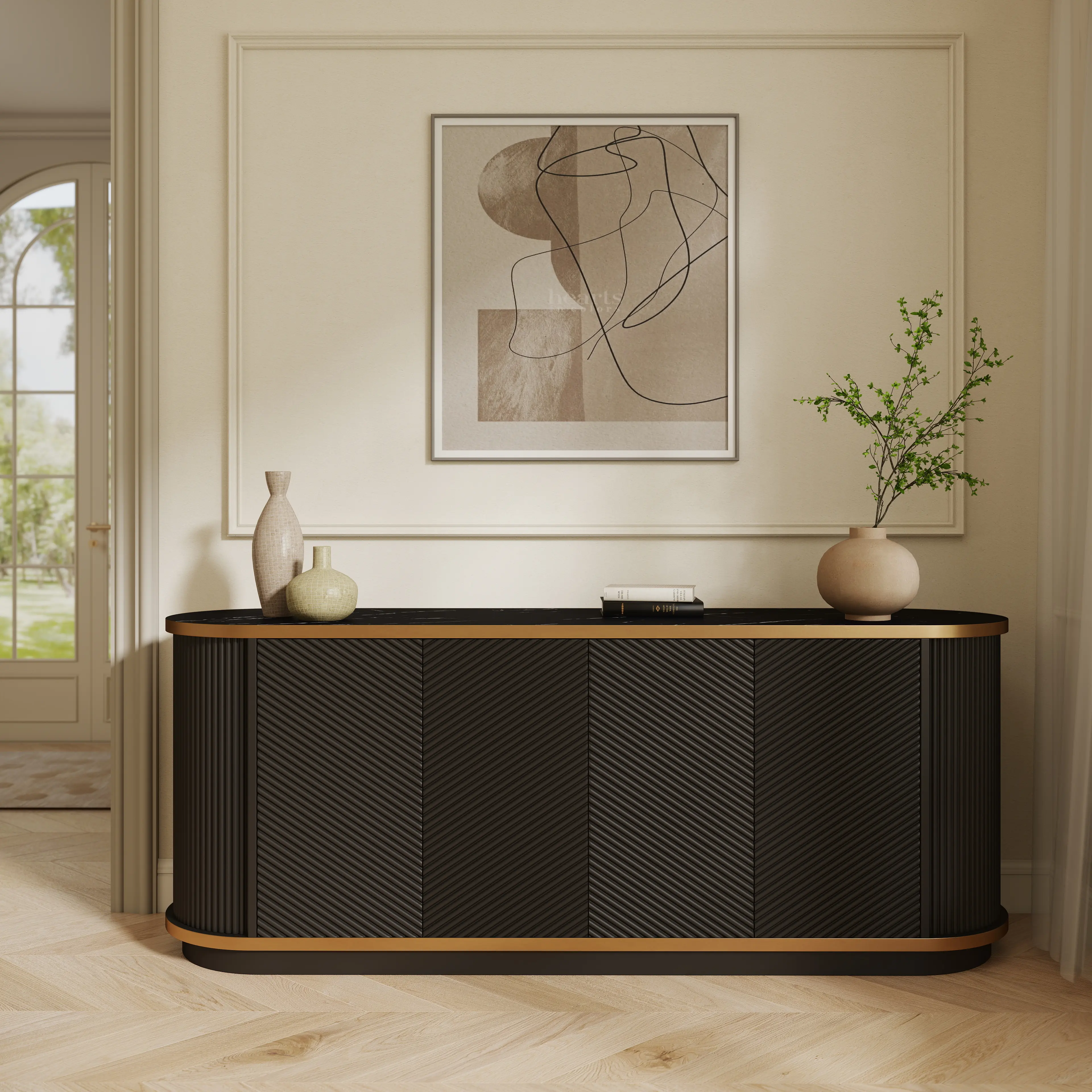 Spaco 63" Black Sideboard with Diagonal Fluted Doors – 4-Door Buffet Credenza with Gold Trim & Faux Marble Top, Modern TV Stand Storage Cabinet for Dining & Living Room