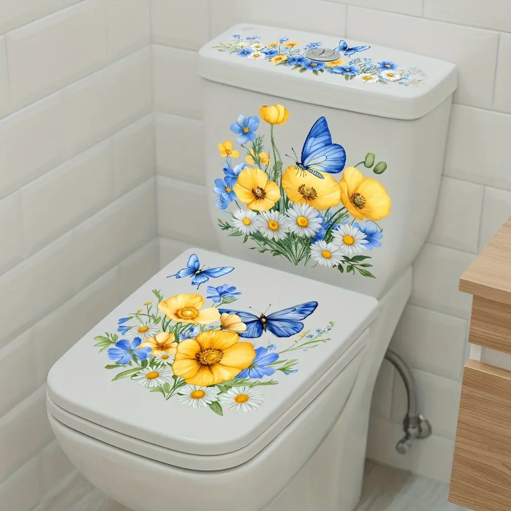 Self-Adhesive Fresh Blue Flower Butterfly Toilet Decorative Sticker, Waterproof Removable Art Style Bathroom Decal, Bathroom Decoration Accessories, Bathroom Accessory, Bathroom Decoration Supplies