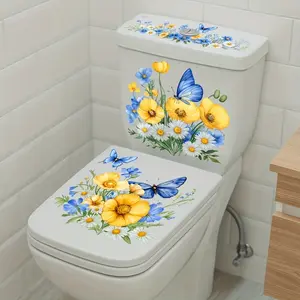 Self-Adhesive Fresh Blue Flower Butterfly Toilet Decorative Sticker, Waterproof Removable Art Style Bathroom Decal, Bathroom Accessory