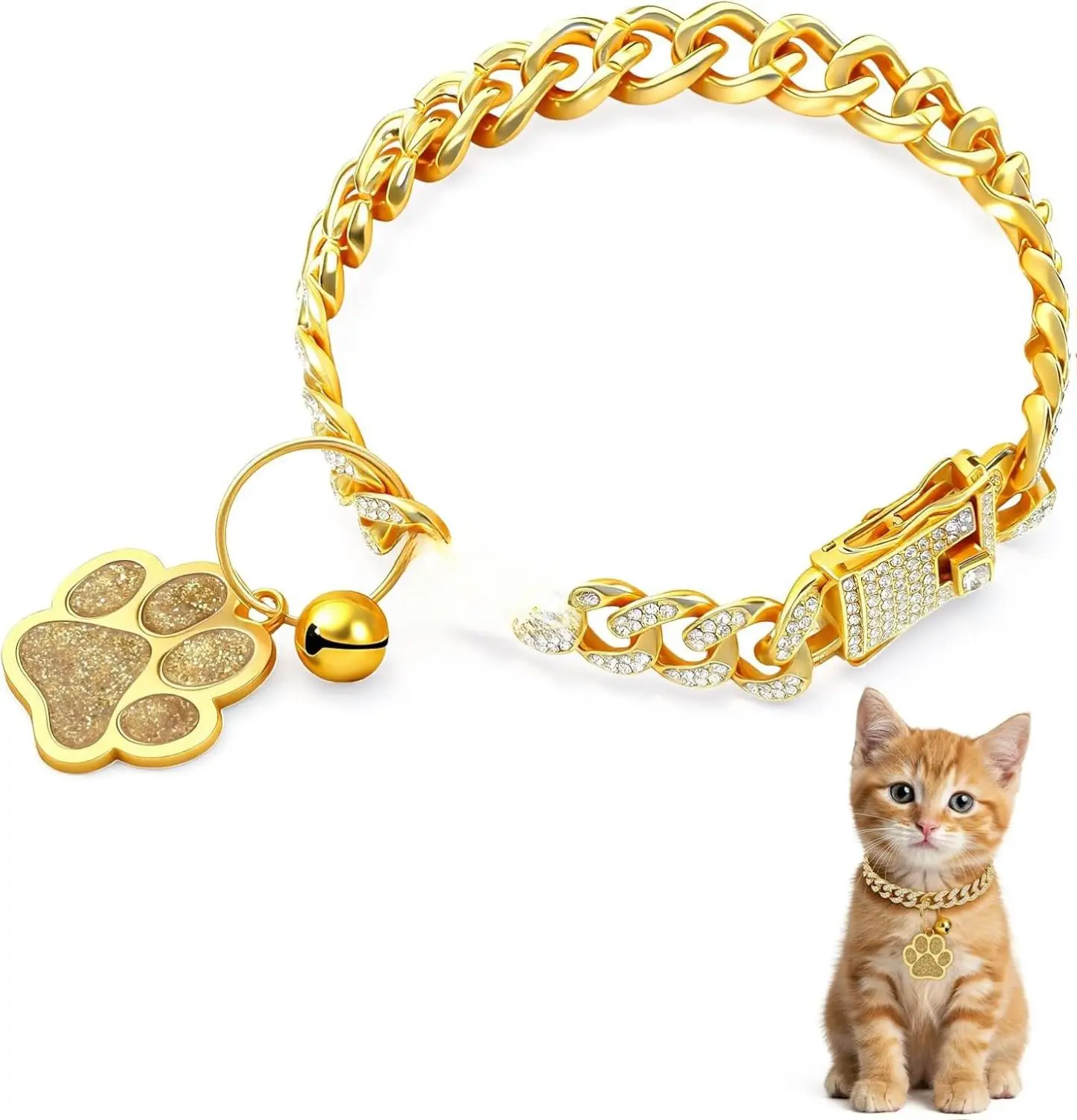 Gold Cat Chain Collar, Gold Diamond Cat Dog Collar, Glitter Walking Metal Collar with Secure Buckle Paw Charm and Bell, Cuban Jewelry Accessories for Puppy Small Medium Large Dogs Cats, 10 Inch