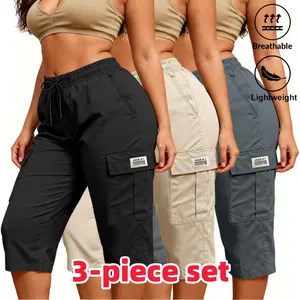 Casual Fashion Women's Cargo Capri Pants Elastic Drawstring Flap Pocket Design Solid Color Loose Fit Daily Street Casual Wear 3PC Women's Clothing