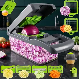 Vegetable Chopper Dicer with Container | Cheese Grater Mandoline Slicer Cabbage Shredder French Fry Cutter Stainless Steel for Veggie Onion Potato Fruit Food, Manual Hand Cooking Gadget for Kitchen