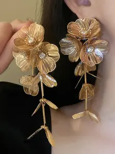 Metal Flower Fringe Earrings, High Quality Earrings, Dangle Earrings, French Chic Style, Hollow Petal Design with Rhinestones, Perfect for Parties and Dates