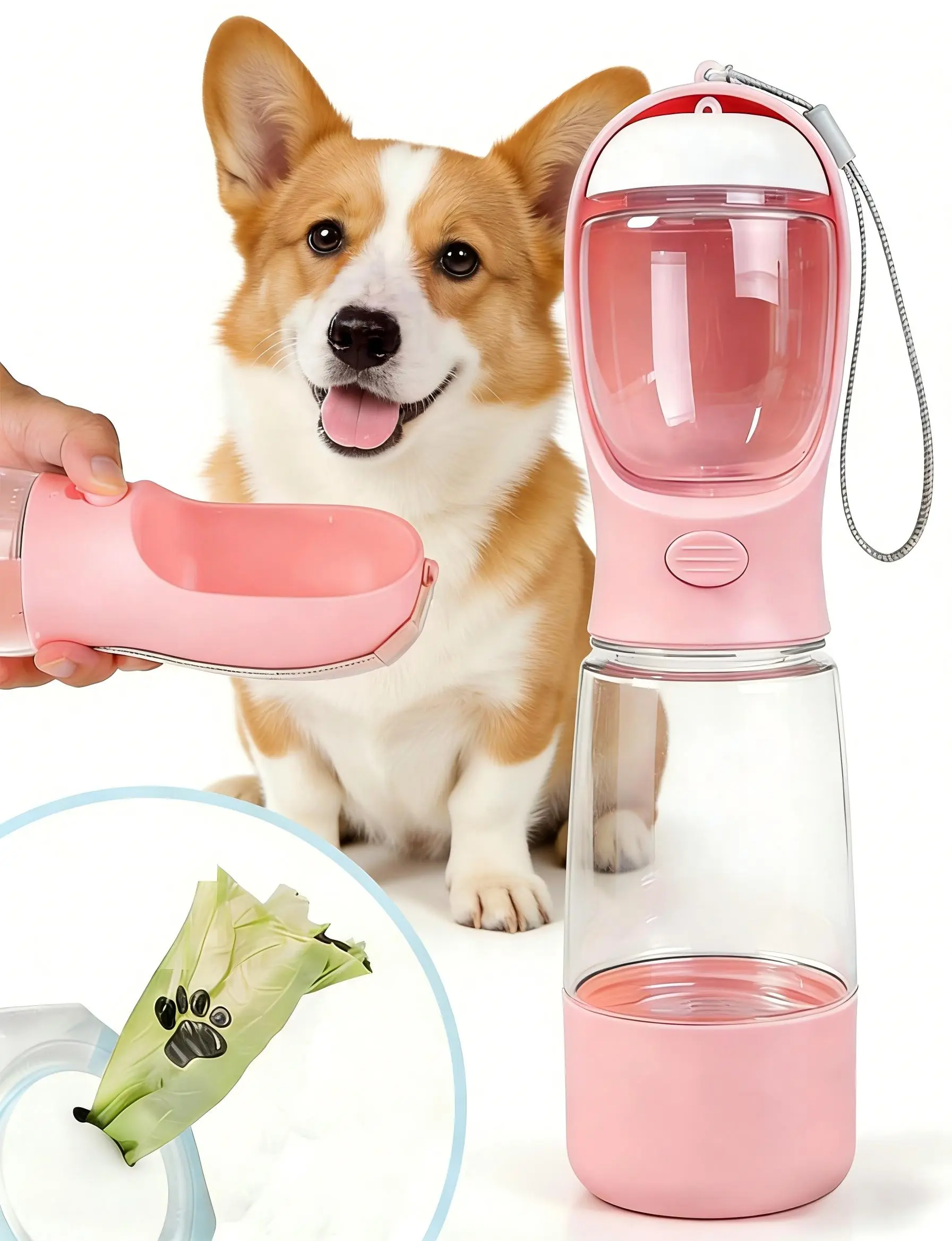 3-in-1 Portable Dog Water Bottle with Food Storage & Poop Bag Dispenser. Integrated drinking, feeding and waste pickup. Lightweight for small & large dogs, great for hikes, walks & travel. Stylish pink, must-have pet accessory & perfect gift. tiktokshopsp