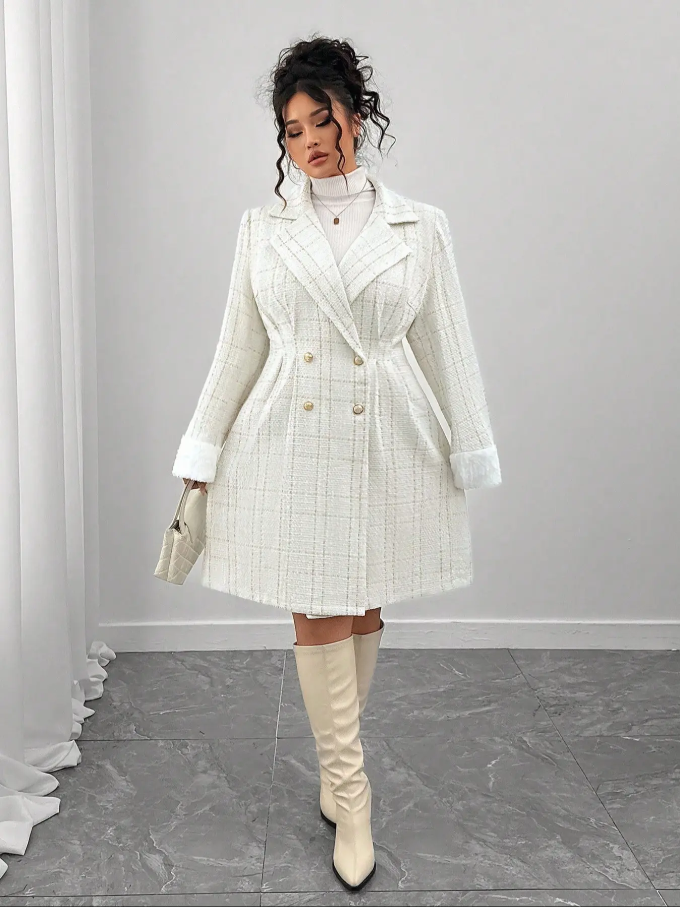 Elegant Women's Vintage Style Tweed Coat, Large Size Fashionable