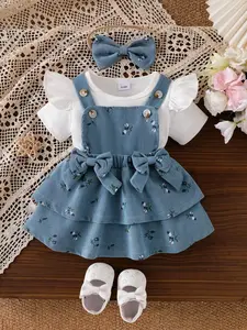 Baby Girl Fresh Farmhouse Style 3-Piece Set, Short Sleeve Striped T-Shirt Top, Cute Bow Dress with Matching Hair Band
