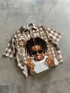 Men's Short Cuban Collar Shirt, Vintage Plaid Rap Portrait Print, Y2K Streetwear, Breathable Wrinkle-Resistant, Casual Daily Wear