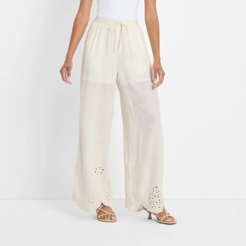 Women's High-Rise Loose Fit Viscose Pants - Embellished Eyelet, Adjustable Elastic Drawstring, Comfortable Casual Pull-On Garment with Soft Viscose Fabric, Future Collective Cream S