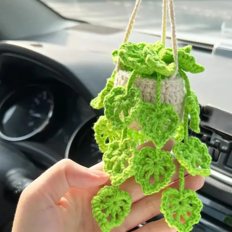 Cute Crochet Plant Car Mirror Ornament, Fake Potted Plant Hanging Decoration, Car Rear View Mirror Pendant, Car Decoration Accessories